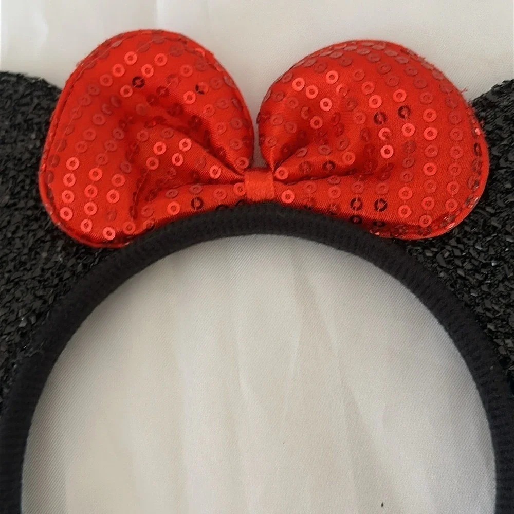 Set of 2 Mouse Ears Headbands Black Velvet Sparkle Red Sequin Bow Party Supplies